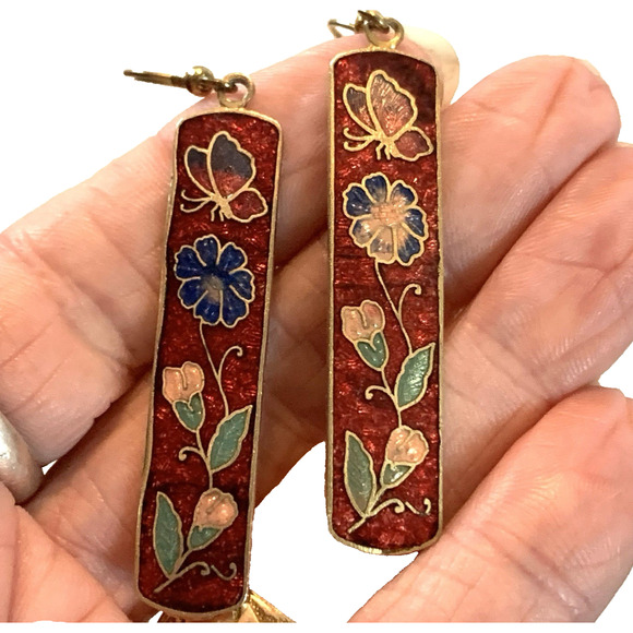 Vintage Red Enamel Butterfly Flower Earrings Cloisonné Style Long Dangle Pierced - Picture 2 of 5